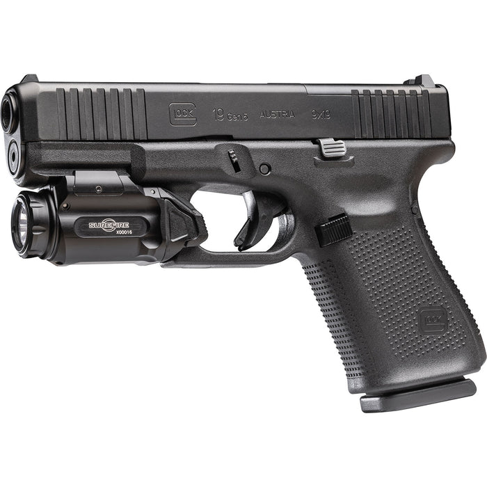 Right-side view of the SureFire XC3 WeaponLight attached to a Glock 19 handgun.