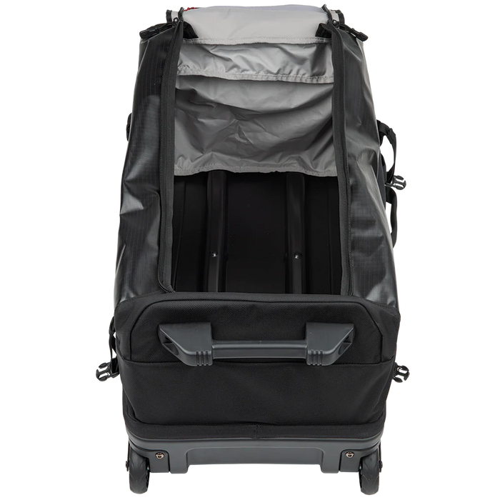 A frontal shot shows the RLT 100L Duffel Bag Roller with its main compartment fully opened. The wide opening highlights the large internal cavity and the high-visibility, light-colored interior lining that features Velcro-brand loop panels for attaching modular organization pouches.
