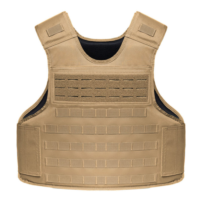 A high-quality frontal shot of the safe life tactical carrier in coyote brown, showcasing the laser-cut MOLLE rows for accessory attachment and the top-loading plate pockets for rapid armor upgrades.