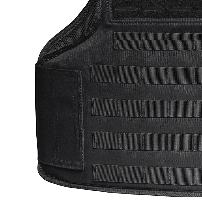 A side-view close-up of the black safe life tactical molle carrier highlighting the reinforced adjustment strap on the left and the precision-stitched MOLLE webbing rows on the right for mounting pouches and gear.