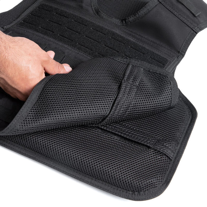 A detailed close-up shot of the black safelife defense tactical carrier interior, highlighting the breathable cooling mesh liner designed to provide maximum airflow and comfort during long shifts.