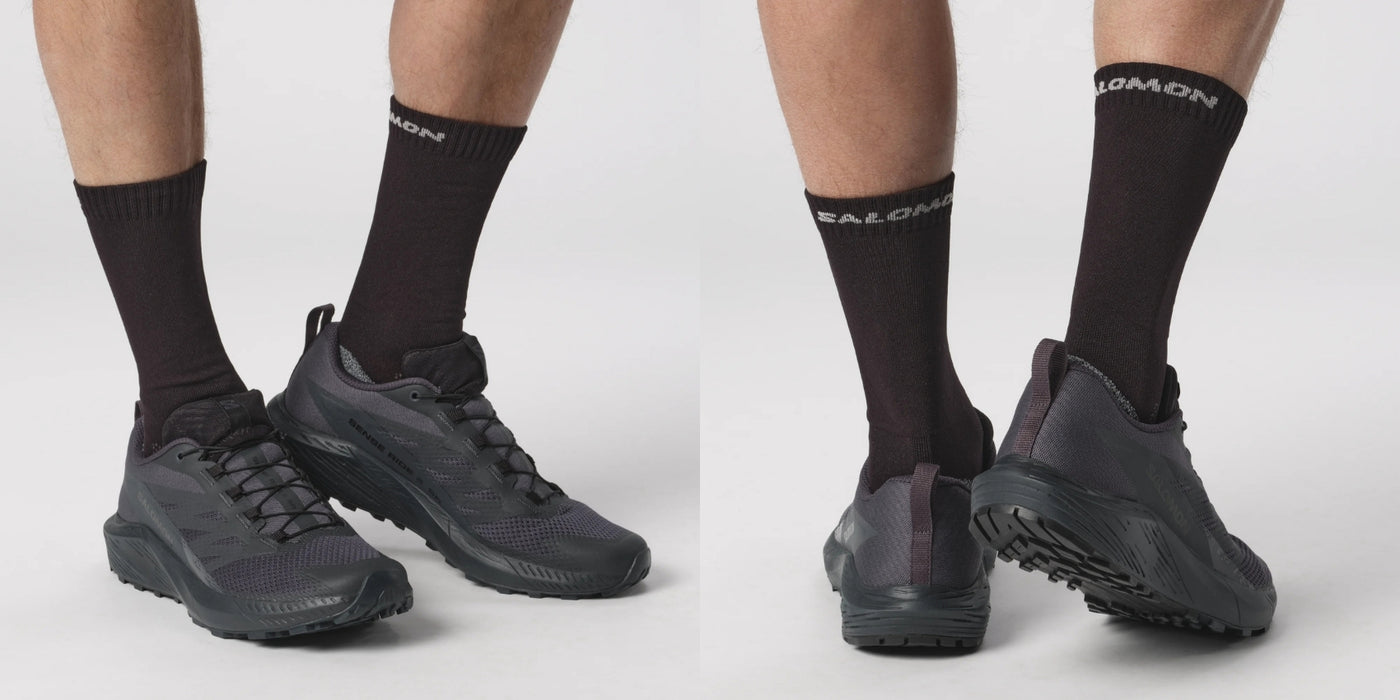 A horizontal composite image showing a model wearing the India Ink Salomon Forces Sense Ride 5 SR from front, side, and rear angles, demonstrating how the low-profile navy grey design transitions seamlessly from professional duty to casual off-the-clock wear.