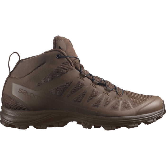 A full left-side profile shot of the salomon forces speed assault 2 boots in Earth Brown, detailing the lightweight construction and breathable mesh panels ideal for hot climate operations.