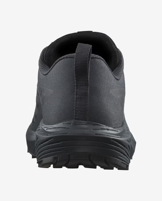 A focused rear view of the salomon sense ride 5 sr black tactical shoe, showcasing the reinforced heel support and stealthy non-reflective finish designed for duty use.