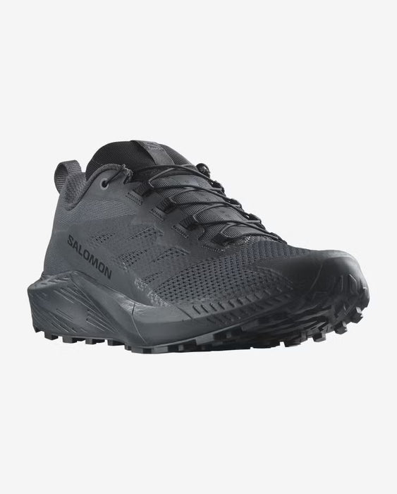 A frontal isometric view of the salomon sense ride 5 sr in India Ink, displaying the navy grey mesh texture and the reinforced toe cap designed for tactical durability.