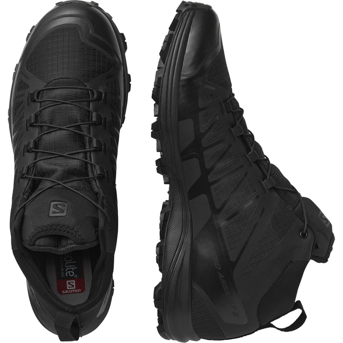A composite image showing the upper and side views of the black salomon shoes speed assault 2, looking into the boot to reveal the OrthoLite sockliner that provides superior cushioning and comfort for long missions.