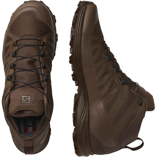 A combined view showing the durable upper and side profile of the salomon speed assault 2 in Earth Brown, highlighting the breathable debris-resistant mesh and the supportive mid-cut design.