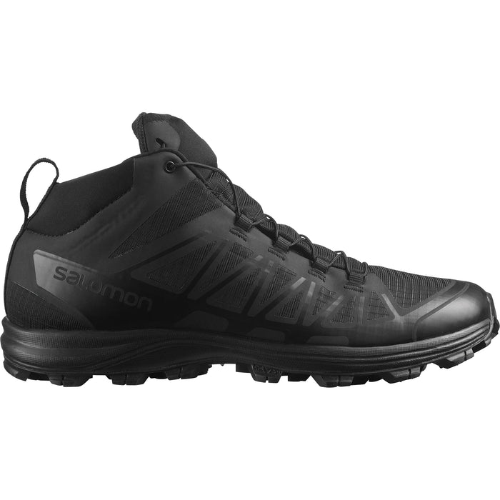 A sharp left-side profile of the black salomon speed assault 2 tactical shoes, highlighting the lightweight construction and non-reflective materials designed for stealth missions.