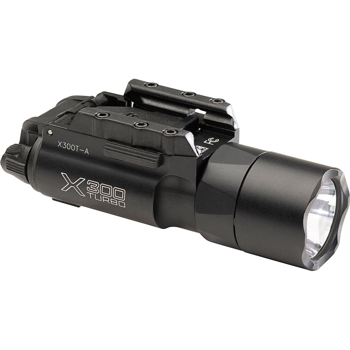 A side-angled right view of the SureFire X300T (A-Model), detailing the bezel and the Rail-Lock mounting system