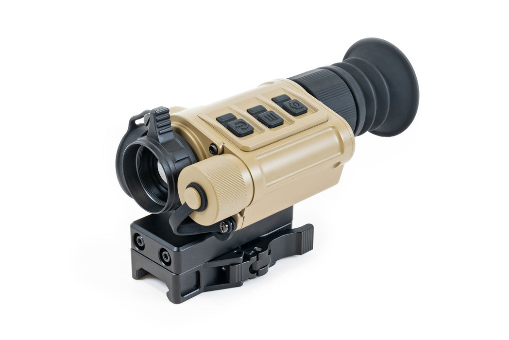 A side angled view of the infiray rh25 v2 showing the compact, machined magnesium housing and the tactical three-button control panel used for navigating settings in the field.