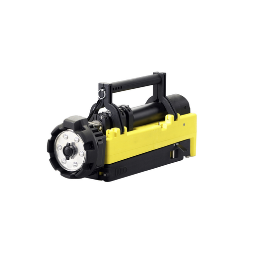 Side angled view of the Streamlight Portable Scene Light Standard Model with 72-inch telescoping pole and stabilizing legs deployed in yellow housing