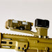 A side profile view of a short-barreled rifle equipped with a flat dark earth DOTronic Delta ACRO Mount. The complete tactical setup includes an attached Aimpoint ACRO P-1 optic and a matching FDE Diving Board Attachment holding a forward-mounted laser rangefinder.