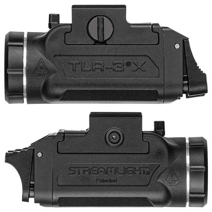 A side-by-side profile shot showing both faces of the TLR 3 X Gun Light to highlight its compact polymer construction and the mounting rail interface.