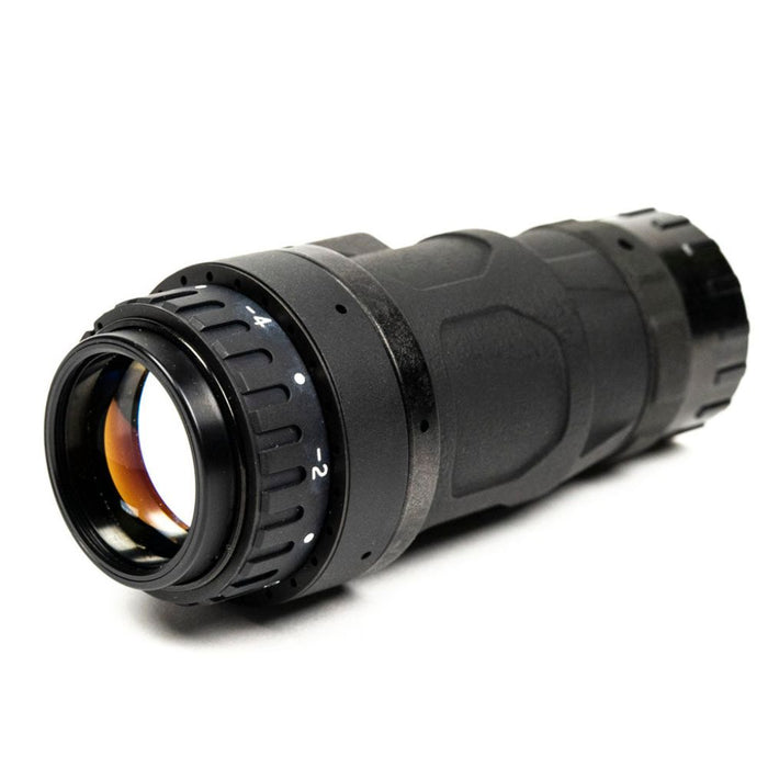 A side profile of the black tanto nvg highlights its sleek, ultralight monocular design and the streamlined integration of the battery compartment and mounting point.