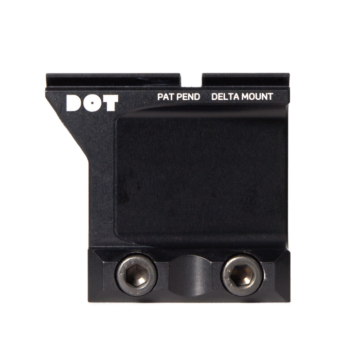 A close-up, side profile view of the DOT Delta ACRO Mount finished in a black color, showcasing its elevated design and tactical mounting clamp.