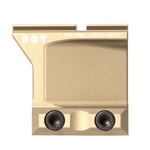 
 close-up, side profile view of the DOT Delta ACRO Mount finished in a flat dark earth color, showcasing its elevated design and tactical mounting clamp.