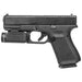 A side profile view shows the Streamlight pistol light mounted to the rail of a Glock 19 handgun, showing how the compact light fits flush with the frame.