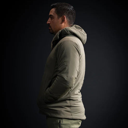 Side view of the Eberlestock Alturas Hooded Jacket highlighting reinforced elbows for protection against wear and tear.