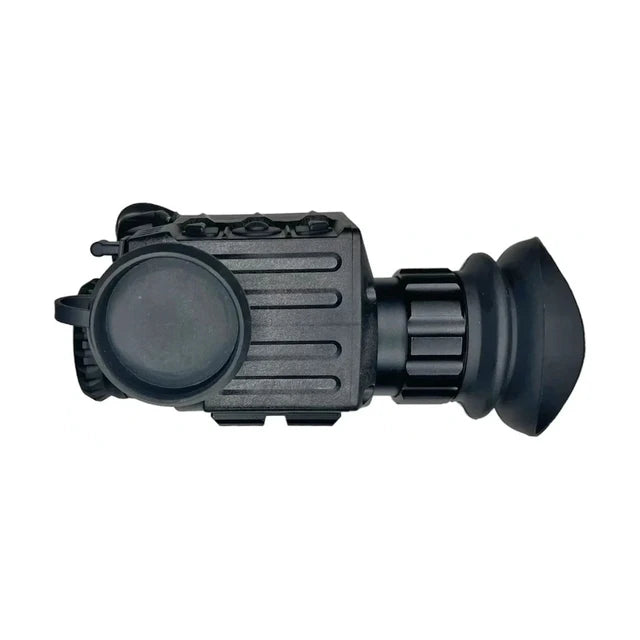 an image showcasing the sidekick pro mini thermal monocular in a bottom view and the product that is in the color black is placed in the middle of the image and with a white background.