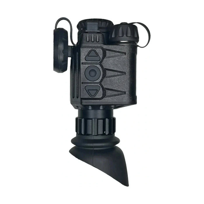 an image showcasing the sidekick pro mini thermal monocular in a vertical right side view and the product that is in the color black is placed in the middle of the image and with a white background.