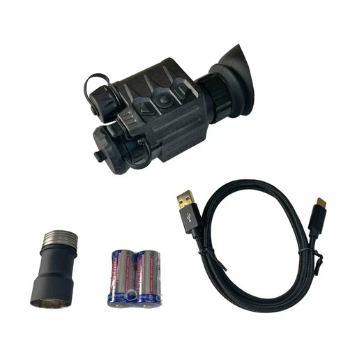 an image showcasing the sidekick pro mini thermal monocular in a backside isometric view along with the items that are included in its box upon purchase. the product that is in the color black is placed in the middle top of the image and everything else is scattered around with a white background.