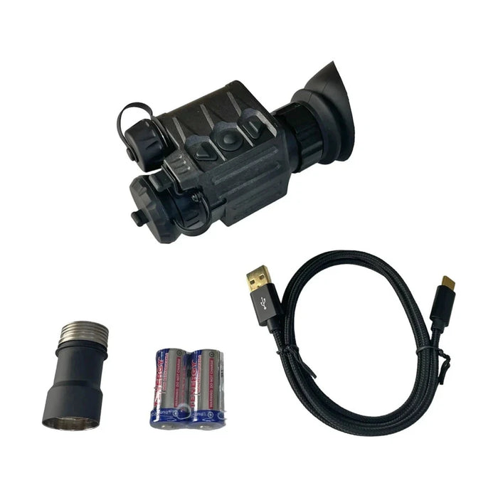 an image showcasing the sidekick pro mini thermal monocular in a backside isometric view along with the items that are included in its box upon purchase. the product that is in the color black is placed in the middle top of the image and everything else is scattered around with a white background.