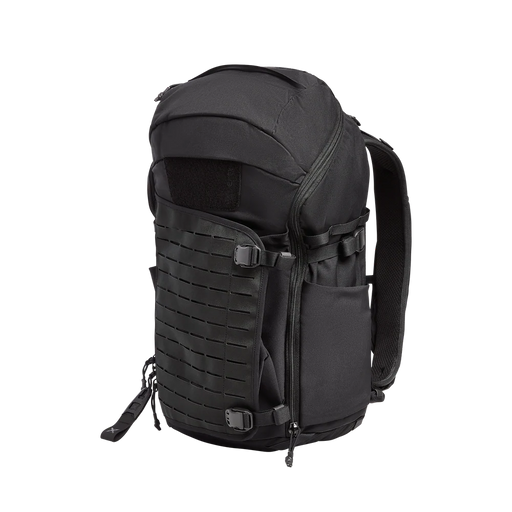 Side-angled view of the Siege 35L Pack in It's Black, featuring expandable side pockets and compression straps for securing gear