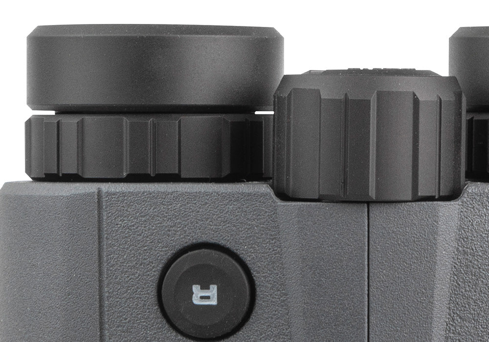 close up view of the sig 10x42mm binoculars showing the adjustable eyecup and diopter 