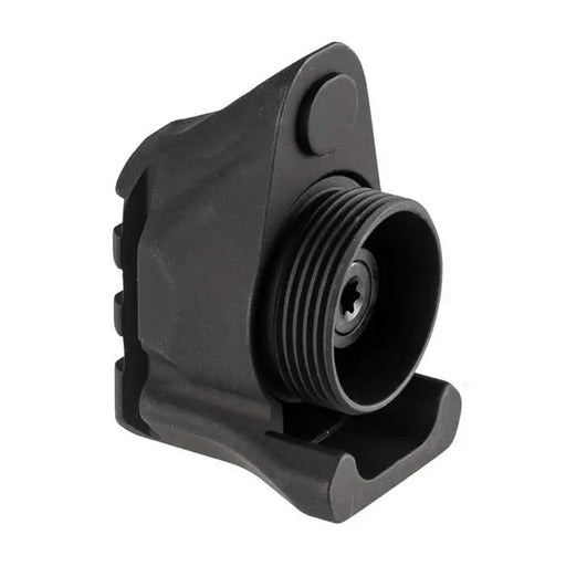 the sig sauer mcx stock adapter in the color black and showing the underside where it will be screwed on to the ar15