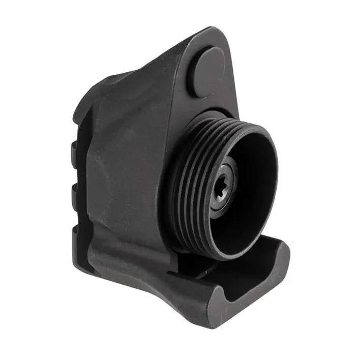 the sig sauer mcx stock adapter in the color black and showing the underside where it will be screwed on to the ar15