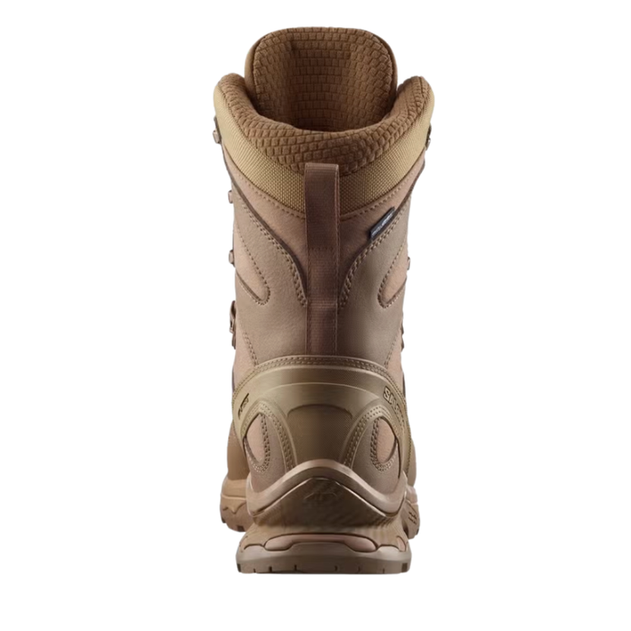 The rear view of these coyote brown snow boots displays the reinforced heel chassis and the textile pull tab, emphasizing the 4D Advanced Chassis system built for stability on frozen terrain.