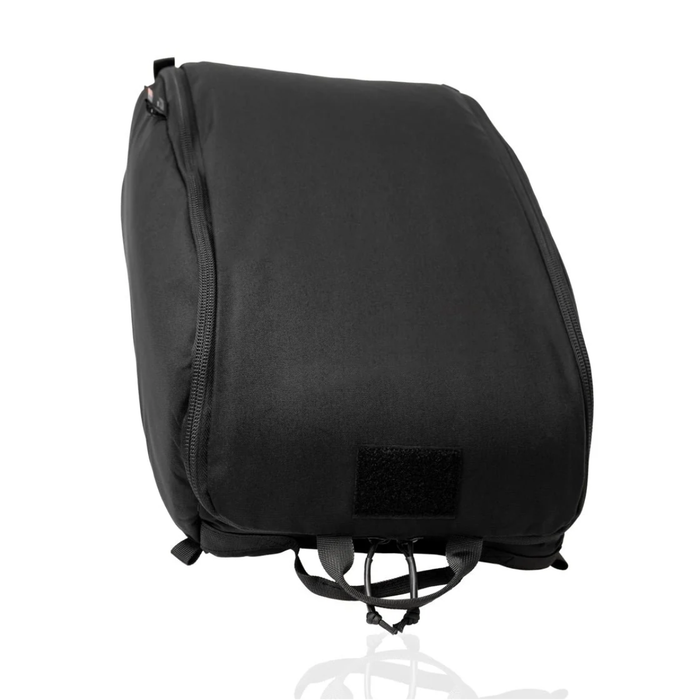 A sleek, solid black padded bag designed for secure armor and helmet storage, featuring a continuous zipper line, a front velcro ID panel, and durable pull straps on the bottom edge.