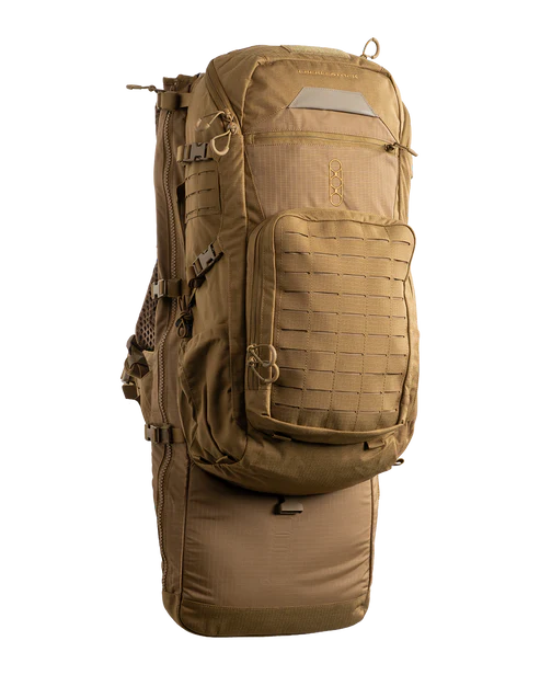 A frontal shot of the Spectre Pack in Coyote Brown, highlighting the clean tactical profile and the integrated RAID scabbard designed for carrying large precision weapon systems.