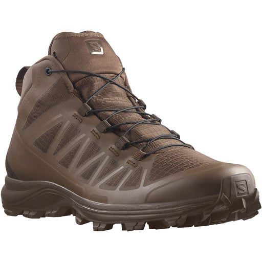 A frontal left-angled studio shot of the speed assault 2 in Earth Brown, highlighting the protective toe cap and lightweight design suitable for hot and arid environments.