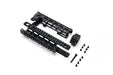 A high-resolution photo of the disassembled Strike Industries M4 Hand guard components, showcasing the upper and lower sections, mounting hardware, and tools required for a quick installation.