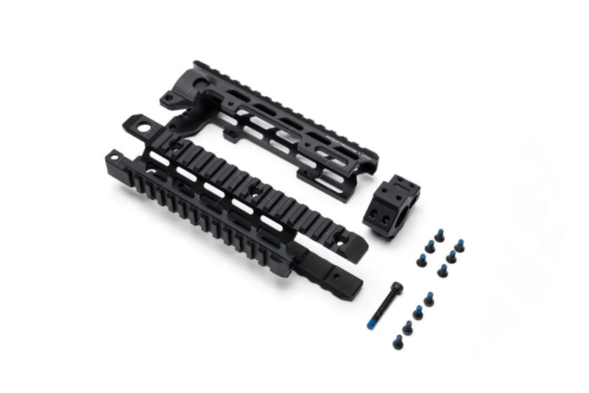 A high-resolution photo of the disassembled Strike Industries M4 Hand guard components, showcasing the upper and lower sections, mounting hardware, and tools required for a quick installation.