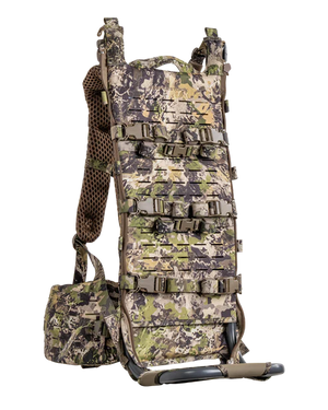 A studio view of the Eberlestock F1 Mainframe 2 in the Mountain camouflage pattern, displaying the rigid aluminum chassis and integrated meat shelf designed for stable heavy hauling.