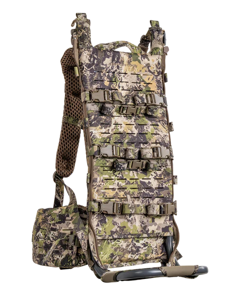 A studio view of the Eberlestock F1 Mainframe 2 in the Mountain camouflage pattern, displaying the rigid aluminum chassis and integrated meat shelf designed for stable heavy hauling.