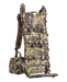 A studio view of the Eberlestock F1 Mainframe 2 in the Mountain camouflage pattern, displaying the rigid aluminum chassis and integrated meat shelf designed for stable heavy hauling.