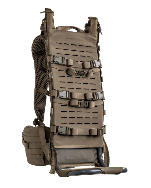 A studio view of the Eberlestock Mainframe 2 in Military Green, displaying the robust aluminum chassis and the integrated 90-degree meat shelf designed for heavy load stability.