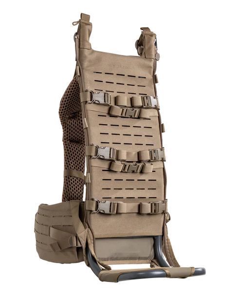 A studio view of the Eberlestock Mainframe II in Dry Earth, displaying the ultra-light aluminum chassis and integrated meat shelf for stabilizing heavy loads.