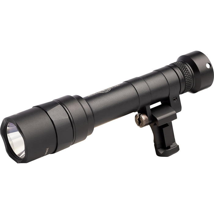 An isometric view of the SureFire M640T-BK-PRO in black, displaying the hard-anodized aluminum body and Turbo head design from the left angle.