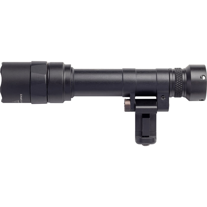 A detailed left-side profile view of the SureFire M640T-BK-PRO, showcasing the rugged hard-anodized aluminum body designed to withstand combat conditions.