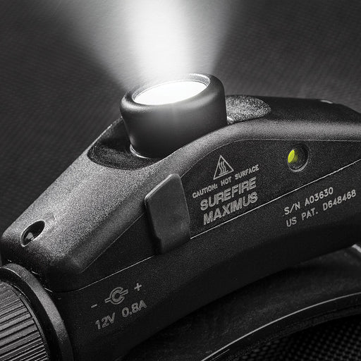 surefire maximus rechargeable variable output led headlamp black switched on pointed upwards