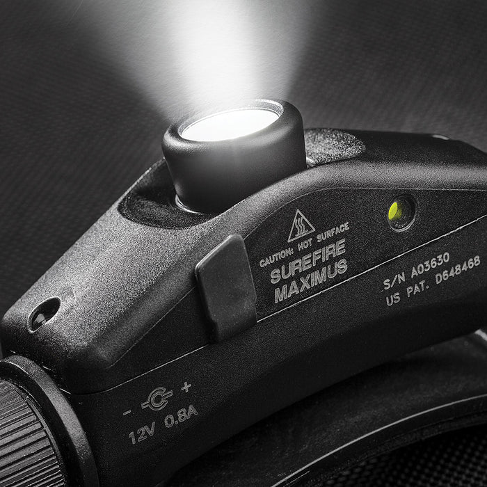 surefire maximus rechargeable variable output led headlamp black switched on pointed upwards