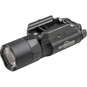 Angled view of the SureFire X300U-B Black, its mounting system, and full display.