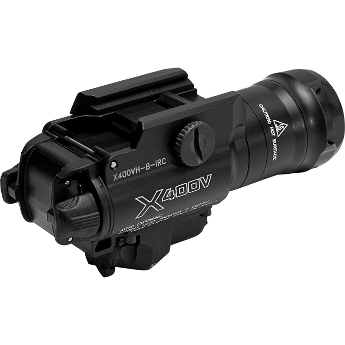 A high-resolution right-side isometric view of the SureFire X400VH Vampire for sale, highlighting the durable hard-anodized finish, the battery compartment cap, and the precise windage and elevation adjustment dials for the infrared laser.