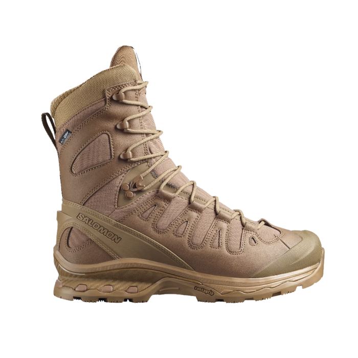 These earth-toned tactical boots are shown in a side profile, featuring a non-reflective finish and a closed-hook lacing system that provides a secure, snag-free fit for professional military or search and rescue operations.