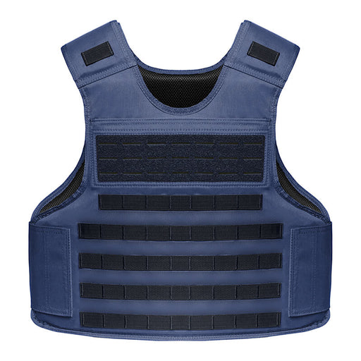 A front-facing view of the tactical carrier vest in navy blue, designed for law enforcement patrol with heavy-duty MOLLE webbing and a secure 6-point adjustable fit for all-day comfort.
