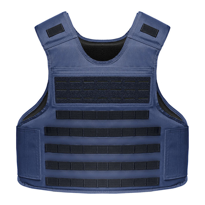 A front-facing view of the tactical carrier vest in navy blue, designed for law enforcement patrol with heavy-duty MOLLE webbing and a secure 6-point adjustable fit for all-day comfort.